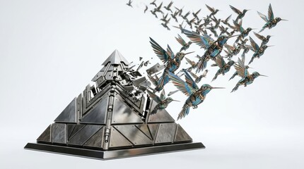 Fototapeta premium Metallic pyramid structure transforming into mechanical hummingbirds