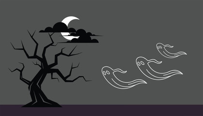 Fototapeta premium Spooky halloween night scene features flying cartoon ghosts and a creepy gnarled dead tree under a crescent moon.