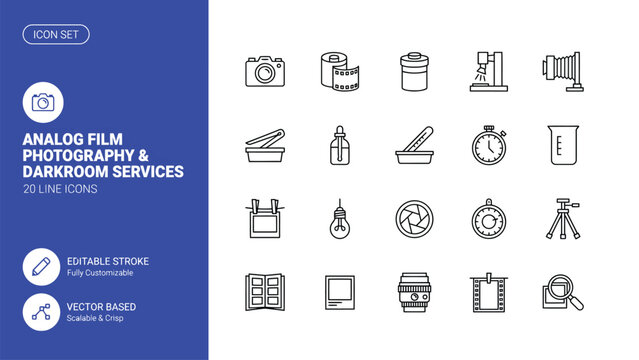 Set of analog photography and darkroom service icons on transparent background