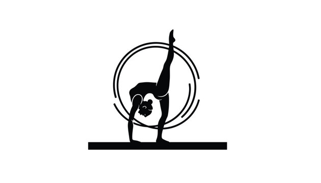 Elegant black silhouette of a female gymnast performing a backbend handstand exercise with a rhythmic hoop element.