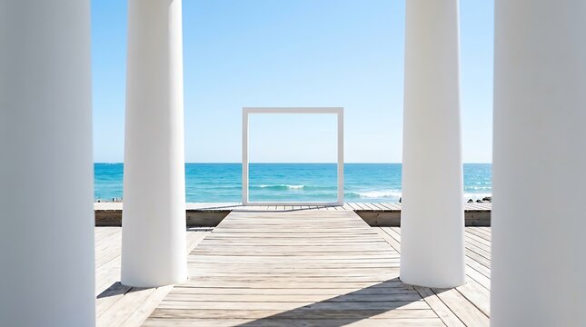 Serene seaside walkway framed by white pillars. Coastal pathway leading to tranquil ocean views.