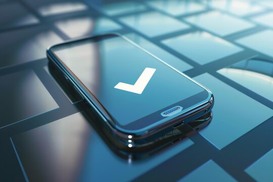 Smartphone displaying a white check mark, representing verification, security, or completion