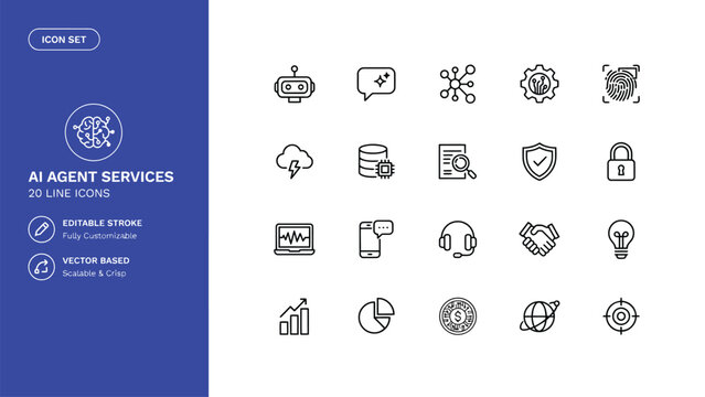 Set of twenty clean line icons representing artificial intelligence agent services features
