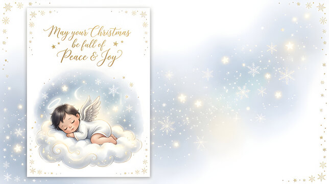 Peaceful baby angel sleeping on a fluffy cloud in the lower corner, surrounded by delicate stars and snowflakes, clean white greeting card layout.