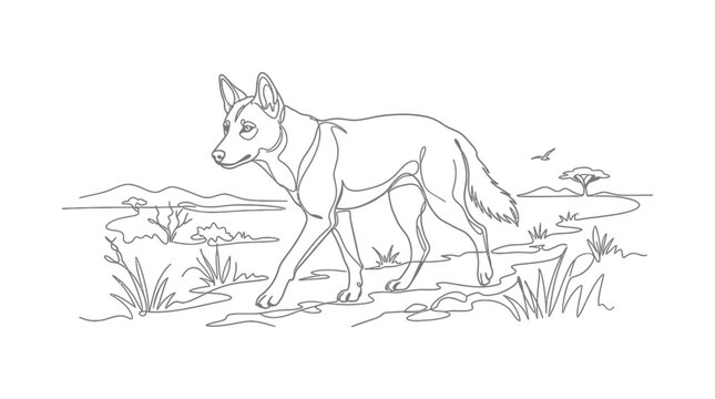 Detailed line art illustration of a dingo walking.