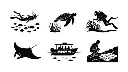 Fototapeta premium Scuba diver exploring underwater marine life icons