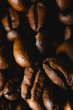 Vertical Macro Selective Focus Coffee Beans: Detailed Texture Optical Depth for Food Beverage Stock Images