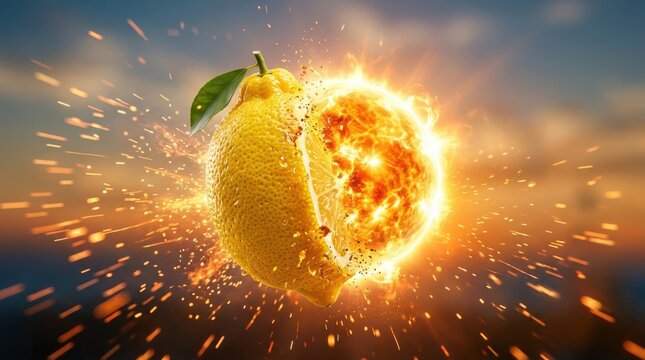 Exploding lemon with fire and sparks