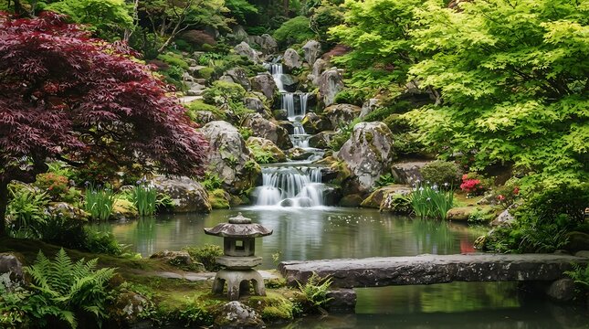 Serene Japanese garden fountain with cascading waterfalls. Lush greenery and vibrant flowers in tranquil outdoor setting.