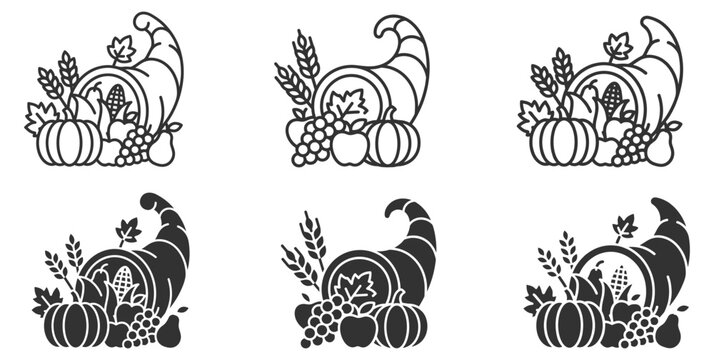 cornucopia vector icon set with pumpkin, apple, grapes, pear, corn, wheat, and leaves on transparent background