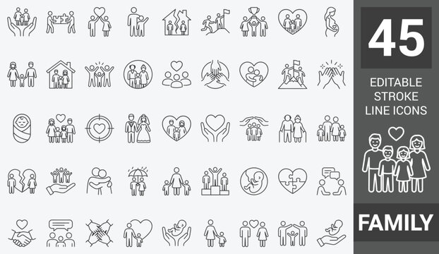 Family line icons seti . Collection of Icons representing family, love, care, community, parenting, and support