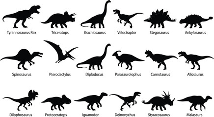 Obraz premium Dinosaur silhouettes collection. Set of prehistoric reptile icons and extinct animals.