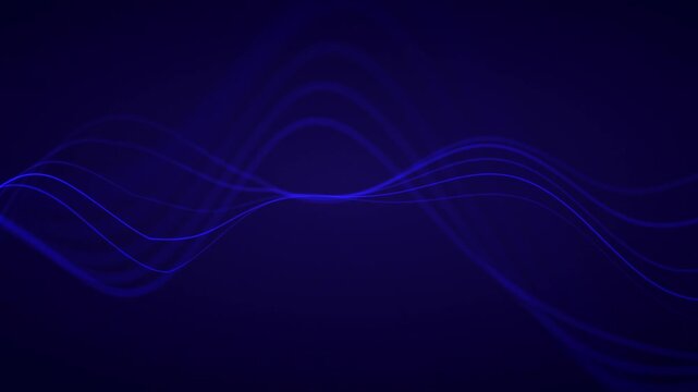 Blue wave lines blur into soft flowing strands on deep navy background. Abstract fiber wave, wavy motion, glowing light trail, seamless 4k loop.