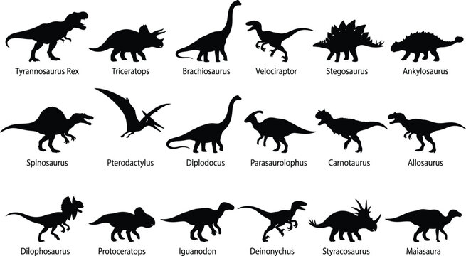 Dinosaur silhouettes collection. Set of prehistoric reptile icons and extinct animals.