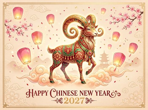 Happy chinese new year 2027 year of the goat illustration with lanterns