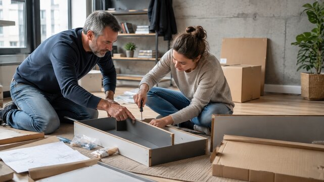 A man and woman assemble a wooden drawer on the floor of their new apartment, demonstrating teamwork and DIY home improvement during a move.