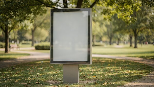 Medium shot of a standalone map pillar at a lush outdoor park main map in sharp focus with blurred trees and pathways surrounding the kiosk.