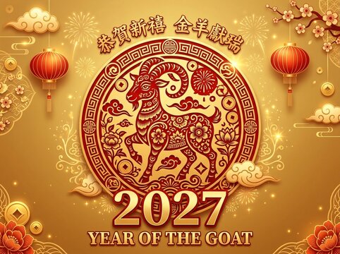 Gold year of the goat 2027 chinese new year festive graphic design with festival