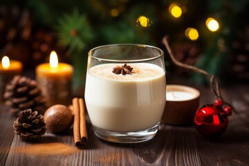 Obraz premium Creamy eggnog beverage served in a glass with star anise, cinnamon, and festive decorations