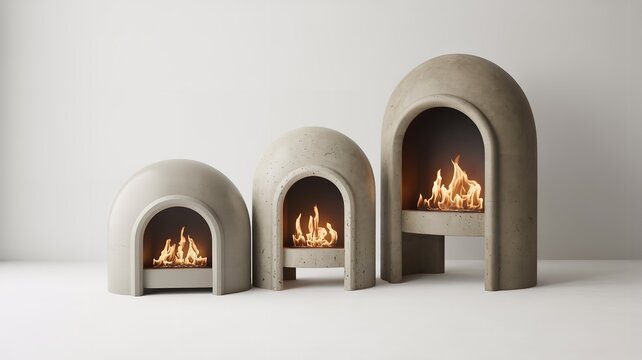 Modern concrete fireplaces with burning fire. Minimalist arched hearths for home decor.