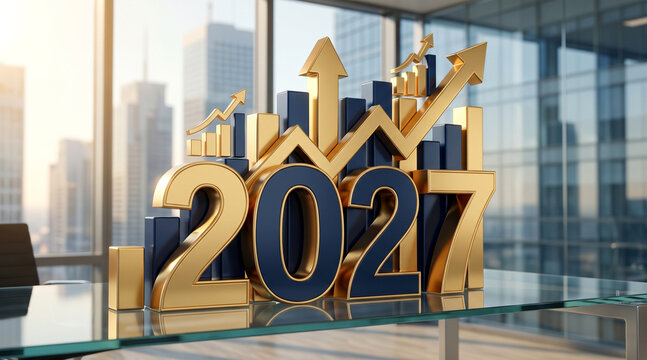 Golden and blue metallic three dimensional numbers representing twenty twenty seven sitting on a glass desk with upward trending stock market bars and shiny arrows