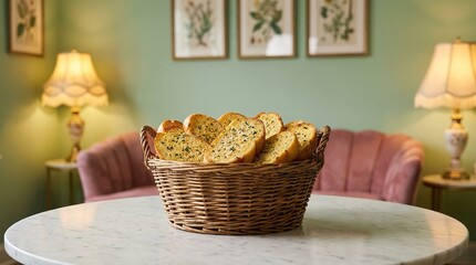 Fototapeta premium Basket of garlic bread on a table. Slices of toasted herb bread in a cozy living room.