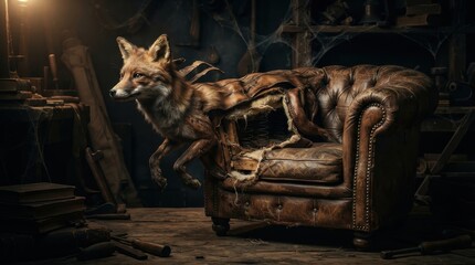 Naklejka premium Fox emerging from a damaged leather armchair in a workshop