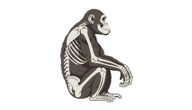Anatomical illustration of chimpanzee sitting in profile highlighting internal skeletal structure and bone details.