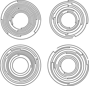 Four complex circular labyrinth maze patterns in minimalist black line art on white represent logic, focus, and strategic journeys.