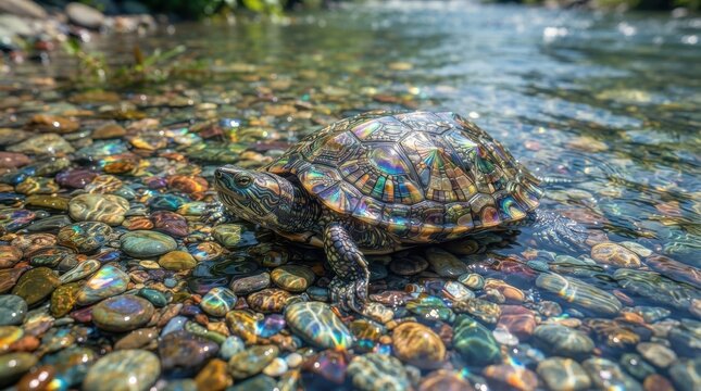 Turtle with iridescent shell on colorful river stones