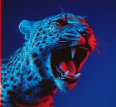 Leopard roars with intense neon lighting.