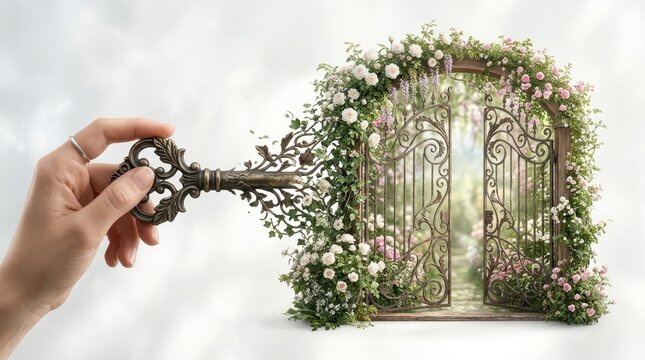 Hand holding ornate key unlocking floral garden gate