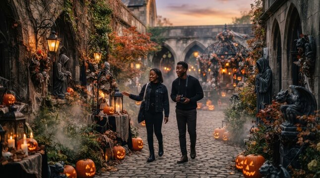 Couple enjoys a spooky Halloween night walk through a decorated cobblestone alley