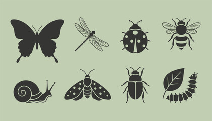 Obraz premium Collection of insect and bug icons on green background featuring butterfly, dragonfly, ladybug, bee, snail, moth, and beetle.