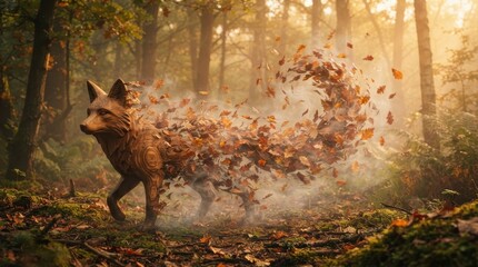 Naklejka premium Wooden fox sculpture dissolving into autumn leaves in a forest