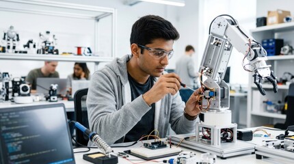 Fototapeta premium Young engineer meticulously assembling a robotic arm in a modern laboratory setting