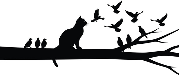 High contrast black silhouette of a curious cat sitting on a tree branch watching flying birds in a minimalist setting.