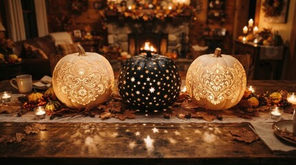 Naklejka premium Carved pattern pumpkins glowing on wooden table