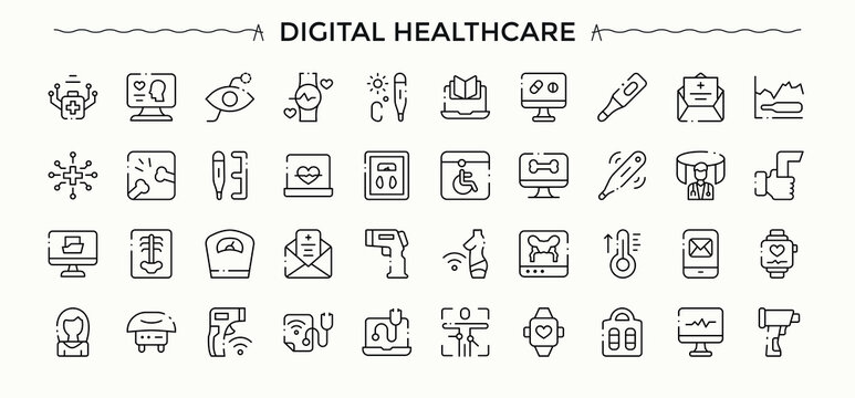 Digital Healthcare icon pack. Trendy minimal icons. Digital Care modern icon set. Related to virtual healthcare, care, patient, diagnosis, health and more.