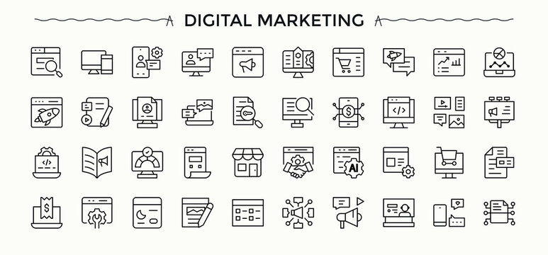 Digital Marketing linear icon set. Outline symbol collection. Editable vector stroke. Marketing modern icon set. Containing website, business, market, web, online, social, digital and more.