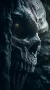 Skull texture displays a weathered stone surface.