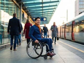 Obraz premium Professional businessman using manual wheelchair navigating along crowded railway station platform waiting for public transportation commuter train during morning transit travel journey