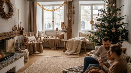 Fototapeta premium Cozy Christmas living room with family, fireplace, and decorated tree