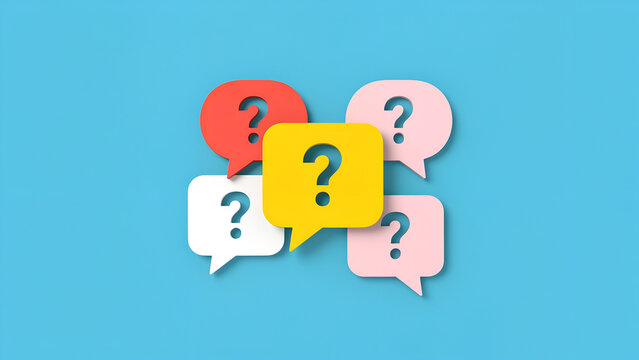 Colorful question mark speech bubbles arranged against a light blue background papercraft style bubble interrogation