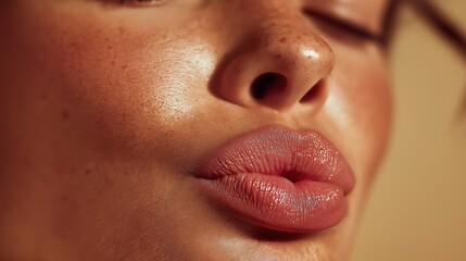 Fototapeta premium Woman displays natural freckled skin texture.