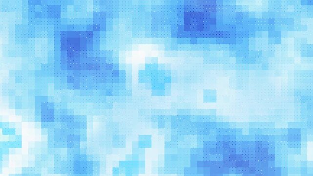 Abstract blue geometric pixelated loop background with grid of shifting dots and transparent overlapping elements in motion