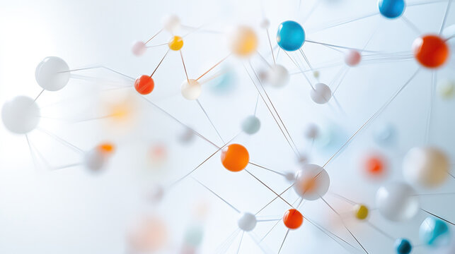 Abstract molecular structure with colorful spheres and connecting lines, representing scientific concepts and innovation