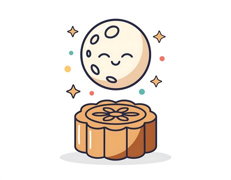 Mooncake with Cute Moon Face Illustration.