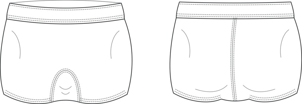 Women's Boyshort Underwear Technical Flat Sketch Front and Back Vector Template