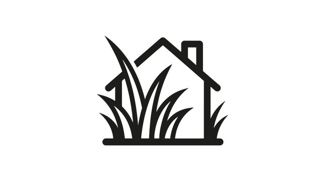Lawn care and house garden vector illustration, home landscaping logo icon with green grass blades property care black silhouette design element